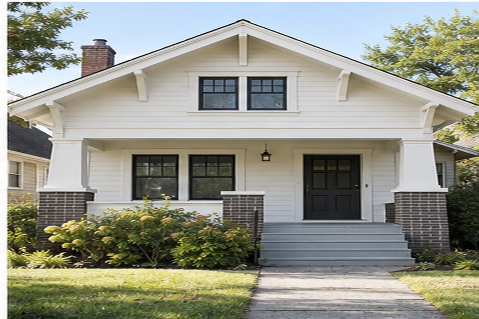 A freshly painted craftsman bungalow with a white porch