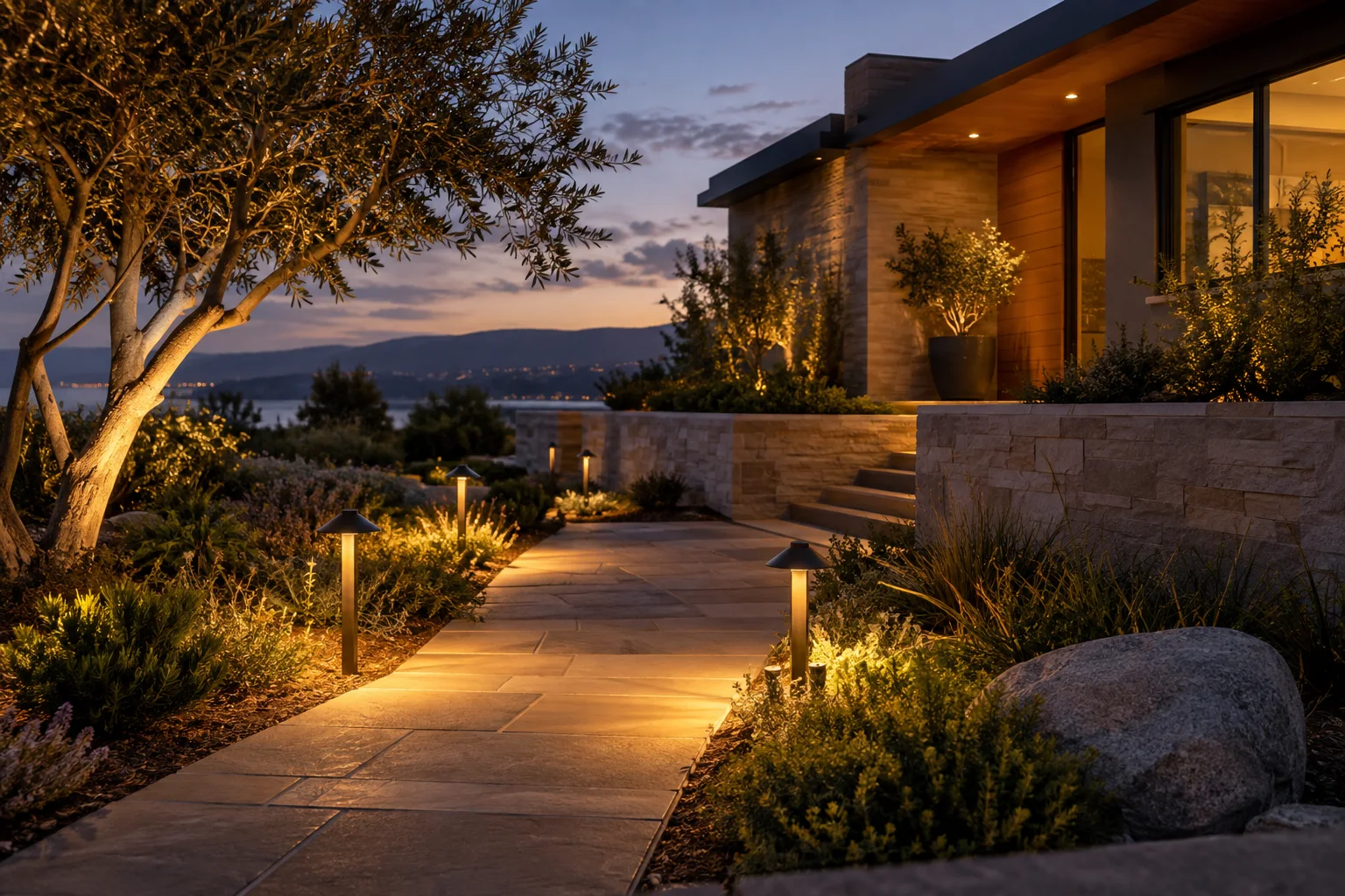 Landscape path lights and up-lit olive trees along a stone walkway at dusk.