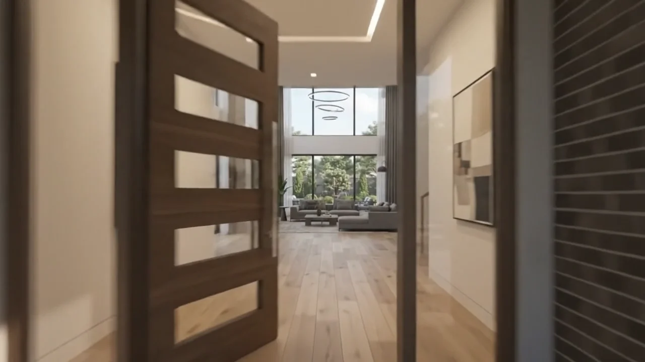 A bright, double-height living room opening onto the garden, with a kitchen alongside.