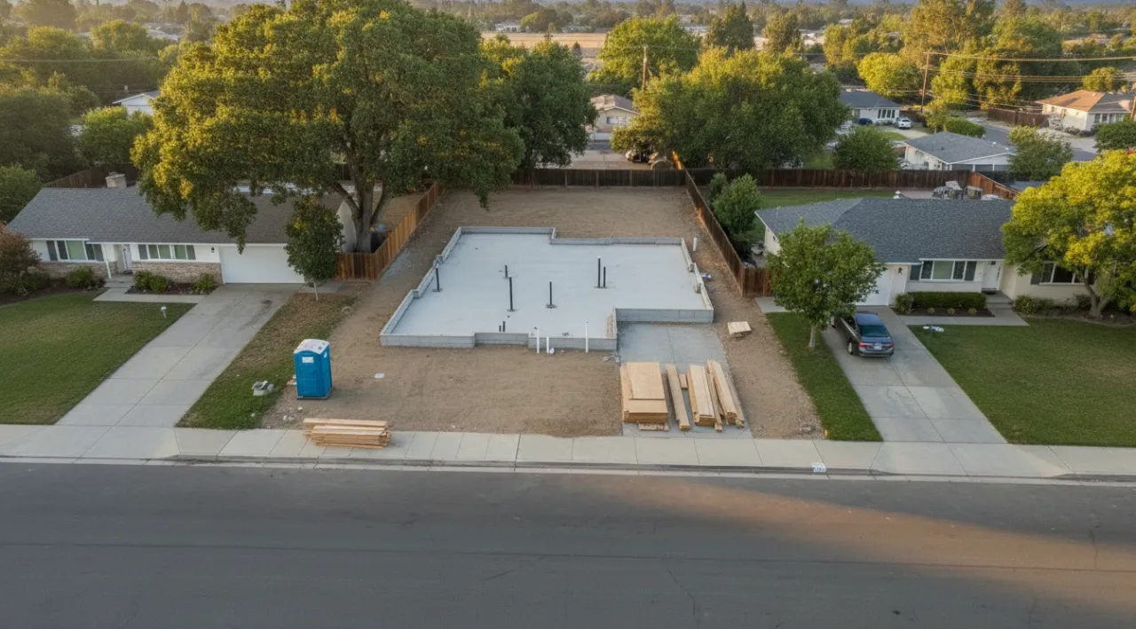 Week 3. Stem walls and slab poured, plumbing stubbed up, the first lumber delivery on the driveway.