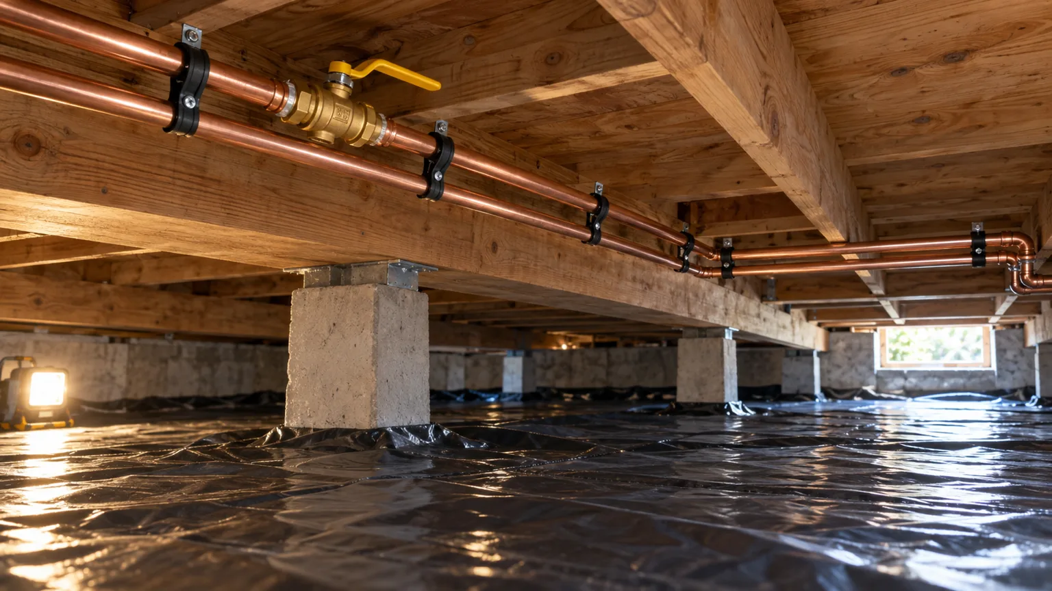 A dry crawlspace with new copper supply lines strapped to the joists and a new brass ball valve.