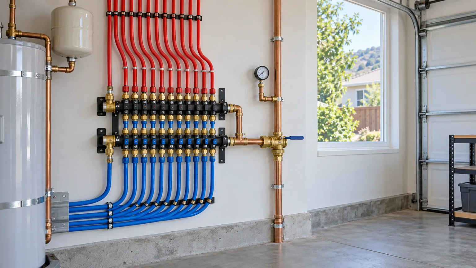 A finished whole-house repipe: a labeled PEX manifold, copper stub-outs and a brass main shut-off on a freshly painted garage wall.