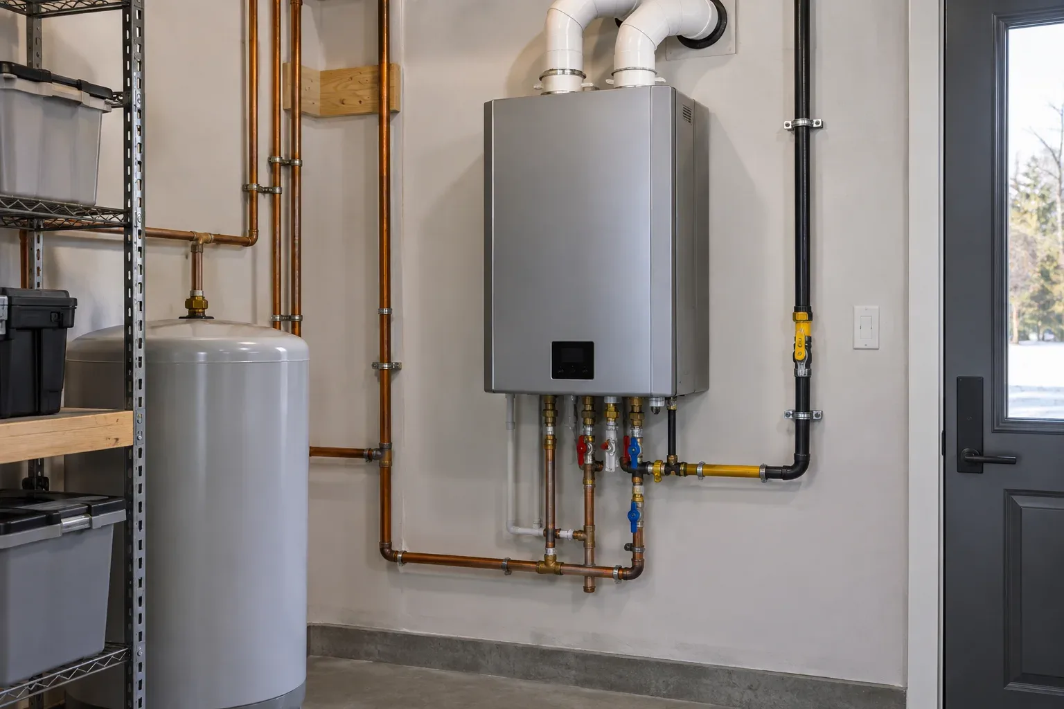 A wall-hung tankless water heater with new copper and gas lines in a tidy garage.
