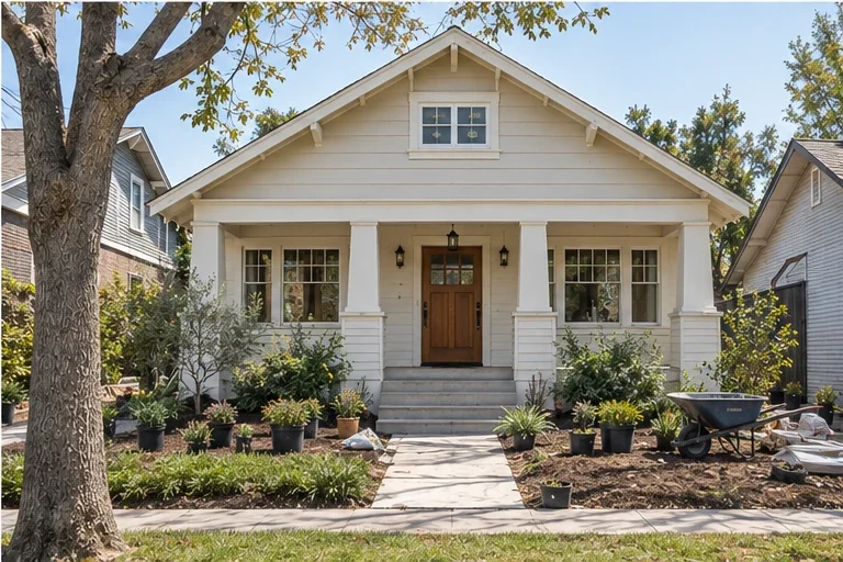 Craftsman bungalow with a covered front porch and new planting