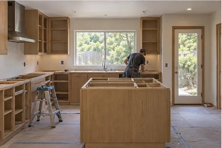 New cabinetry being installed during a kitchen remodel