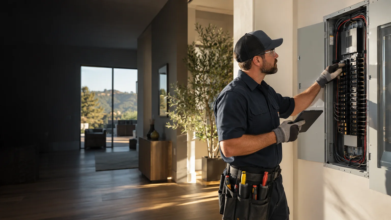 An electrician in a cap and gloves checking an open panel in a bright hallway, tablet in hand.