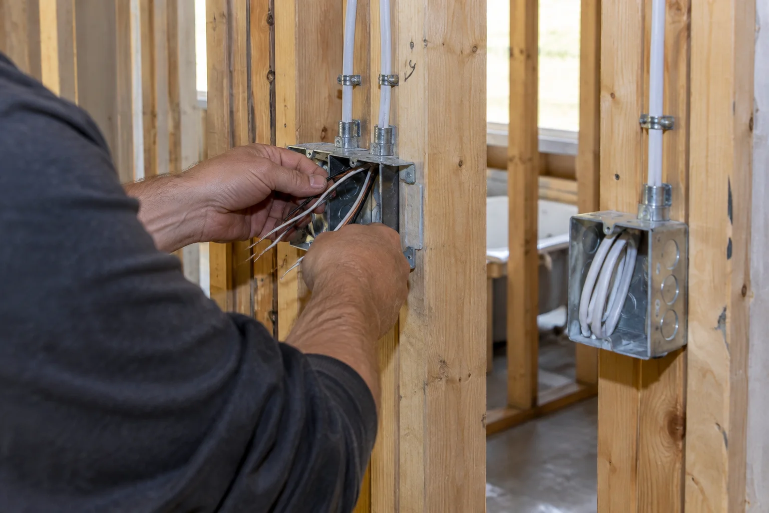 An electrician's hands landing new cable in a metal box between wall studs, with a second box and new cable visible beyond.