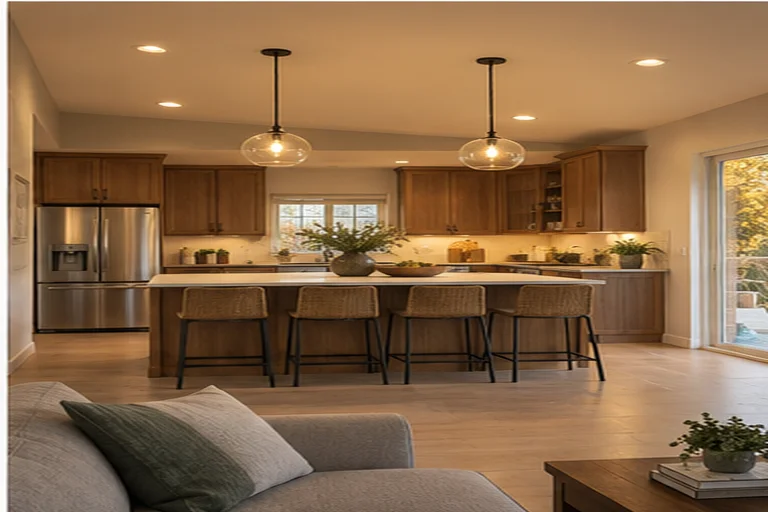A finished kitchen at dusk: two glass pendants over the island, warm under-cabinet light, recessed cans in the ceiling.