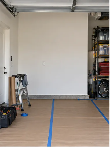 Stage 2: brown paper taped over the garage floor, a step ladder and tool bags in place.