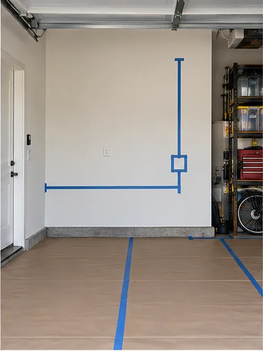 Stage 3: blue tape marks the conduit route and charger height on the wall.