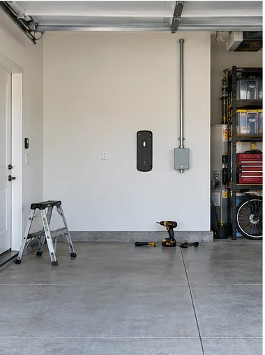 Stage 5: the charger's wall bracket mounted beside the junction box, a drill on the floor below.