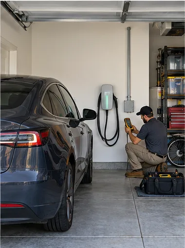 Stage 7: the electrician tests the new circuit with a meter, the car parked beside the charger.