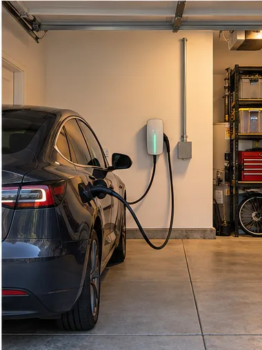 Stage 8: the finished charger on a clean garage wall, cable plugged into a dark gray car.