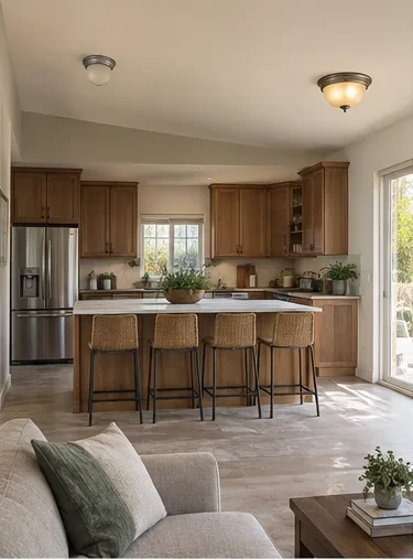 Stage 1: a kitchen lit by two old flush ceiling domes.