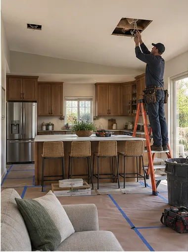 Stage 3: an electrician on a ladder cutting the first recessed-light opening.