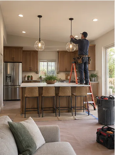 Stage 6: the electrician hangs the first glass pendant over the island.