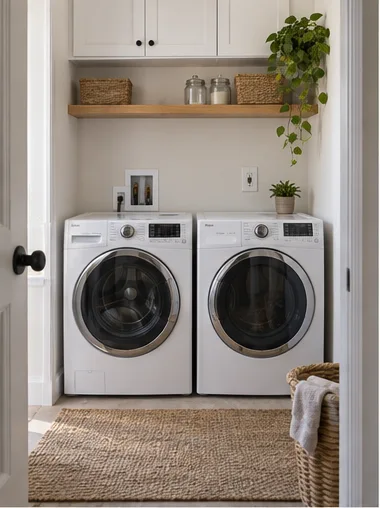 Stage 1: a laundry closet with a washer and dryer on one shared outlet.