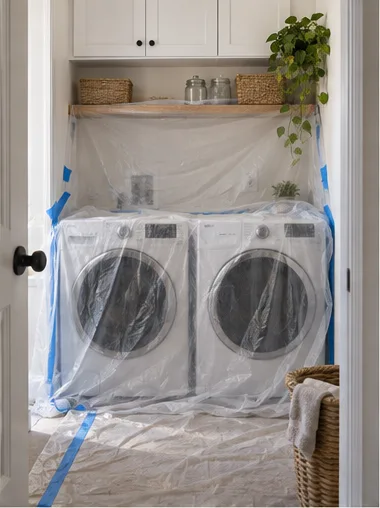Stage 2: the washer and dryer wrapped in plastic sheeting.