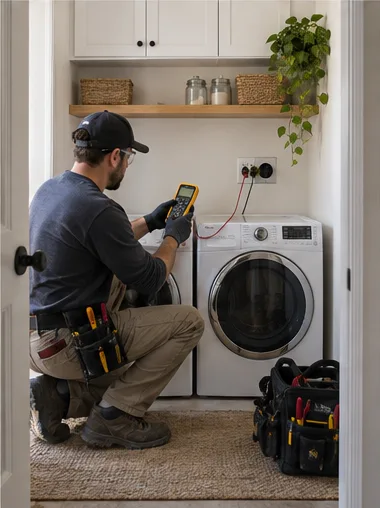 Stage 7: the electrician tests the new outlet with a meter.