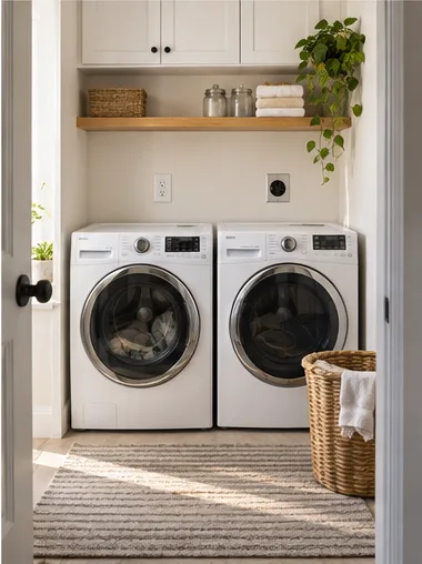 Stage 8: the finished laundry closet, machines reconnected, basket of laundry on the floor.