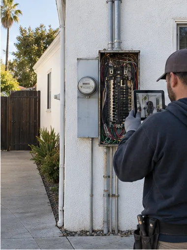 Stage 4: the electrician photographs the open panel with a tablet to record each circuit.