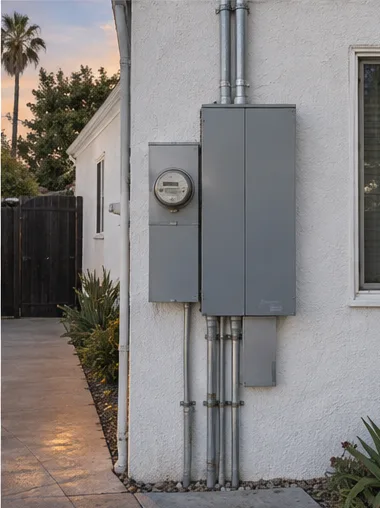 Stage 8: the finished 200 A panel and meter on the wall as the evening light comes in.