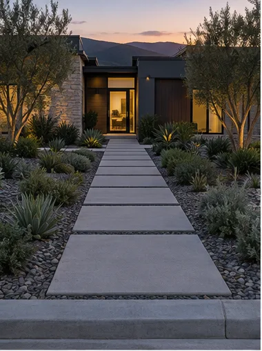 Stage 1: a concrete front walk at dusk with no lighting.