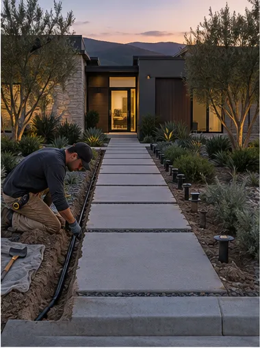 Stage 3: a narrow trench along the walk for low-voltage cable.