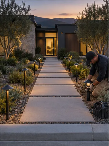 Stage 6: the electrician sets the last path light along the walk.