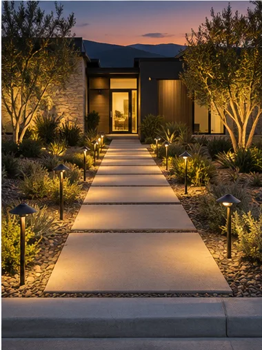Stage 8: the finished front walk lit by a row of low path lights at dusk.