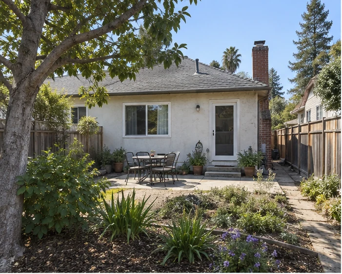 Before: the same back garden with a plain rear wall and a small patio set.
