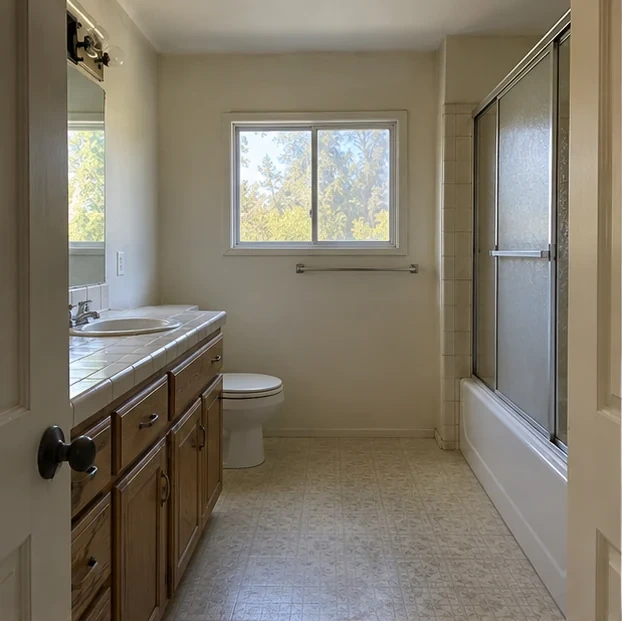 Before: a cramped bathroom with an oak vanity, tile counter and a framed sliding shower door.