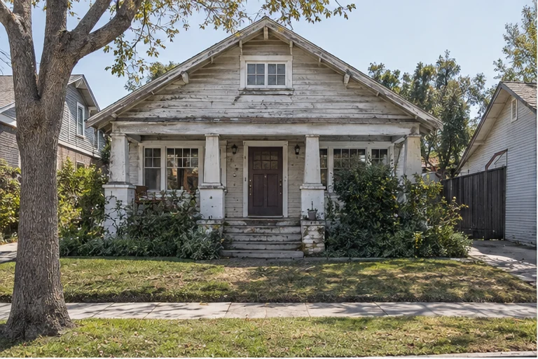 Before: the same bungalow with peeling paint, a sagging porch and an overgrown front yard.