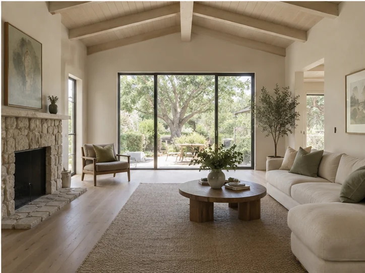 Finished living room: vaulted white ceiling with exposed beams, stone fireplace, wide oak floors and glass doors to the garden.
