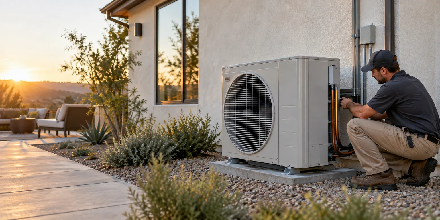 A technician in a gray shirt kneeling at a new heat-pump condenser beside a patio at sunset, checking the connections.