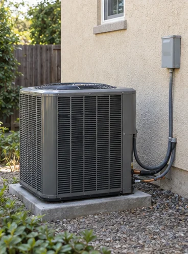 Finished: a new dark-grey condenser on a fresh concrete pad beside a stucco wall with tidy conduit.