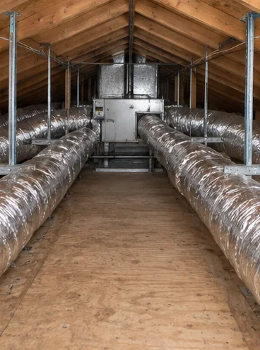 Finished: a clean attic with a new air handler and tidy insulated flex ducts fanning out along the rafters.