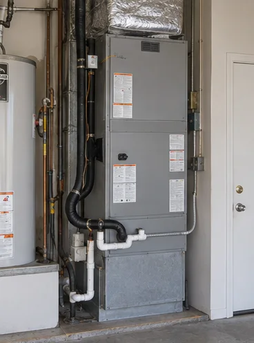 Finished: a new gray gas furnace in a garage closet next to a water heater, new flue and sealed plenum.