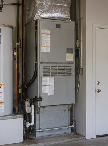 Before: an old, scuffed furnace in the same closet.
