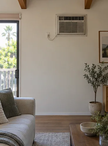 Before: the same wall with an old through-the-wall air conditioner box.