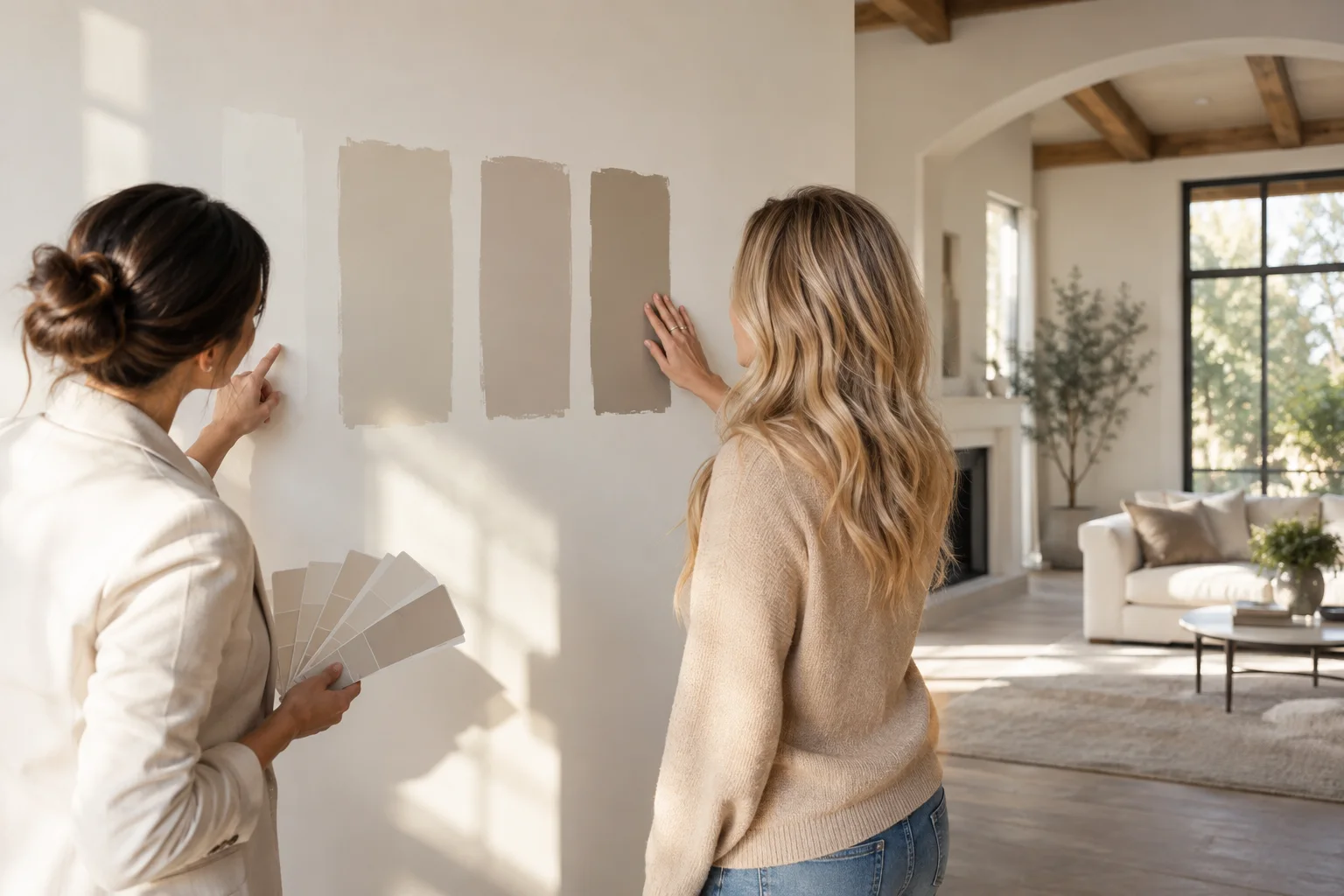 Two women comparing three painted sample patches on a living-room wall, one holding a fan deck of color chips.