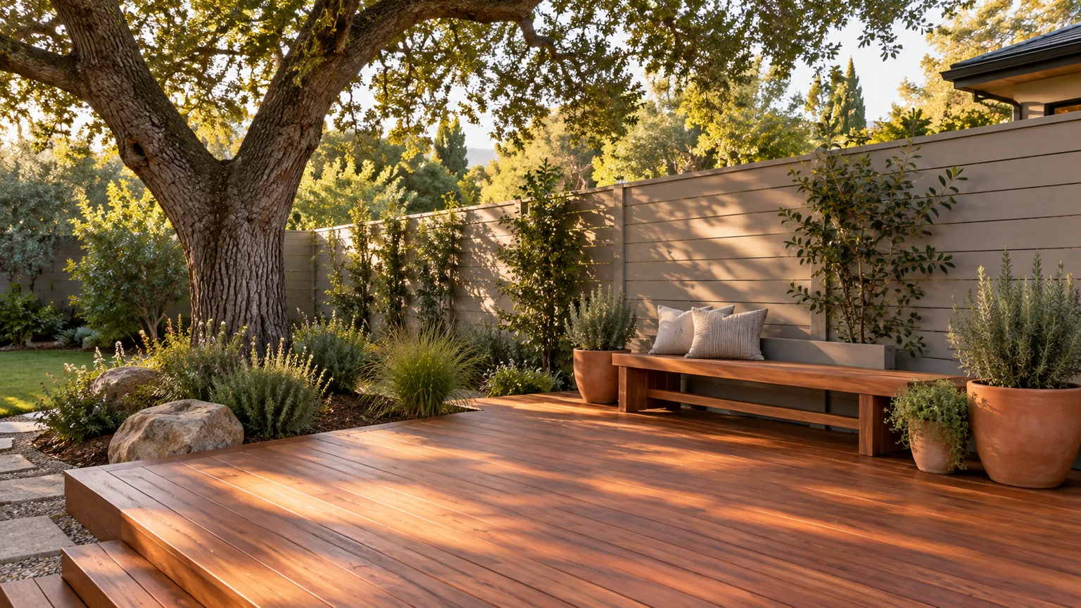 A freshly stained redwood deck in a warm cedar tone under an oak tree, with a gray fence and terracotta pots behind.