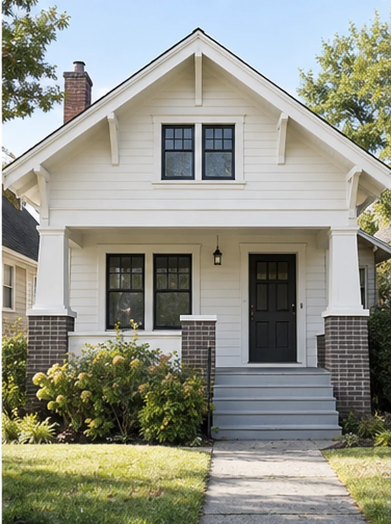 A craftsman bungalow freshly painted in warm white with dark windows and brick porch piers.