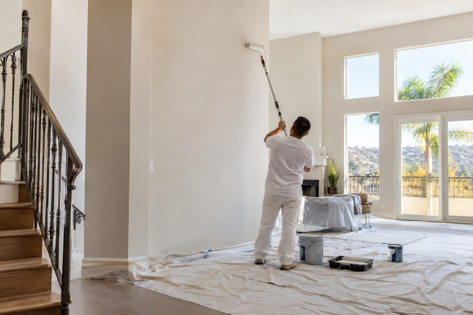 A painter rolling a tall white wall in a double-height living room, furniture covered in drop cloths.