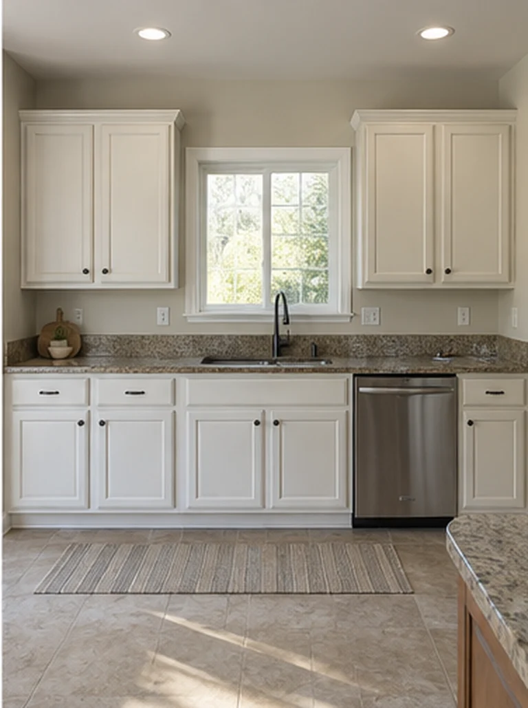 Kitchen with cabinets refinished in a soft gray-white, stainless appliances and a window over the sink.