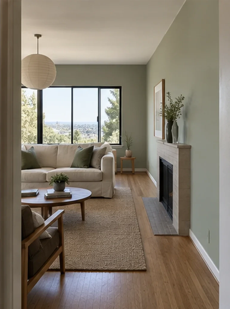 Living room painted a soft gray-green with a white ceiling, a fireplace and a view of trees through a wide window.