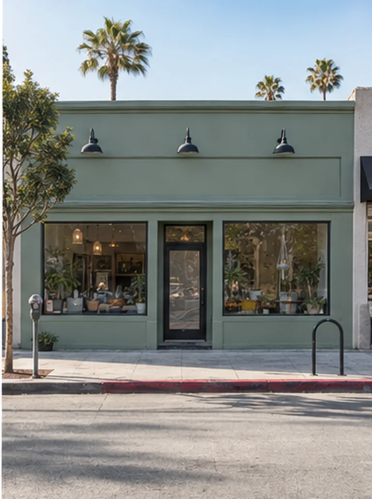 A single-storey shopfront painted deep green with black lanterns and large windows, palm trees behind.