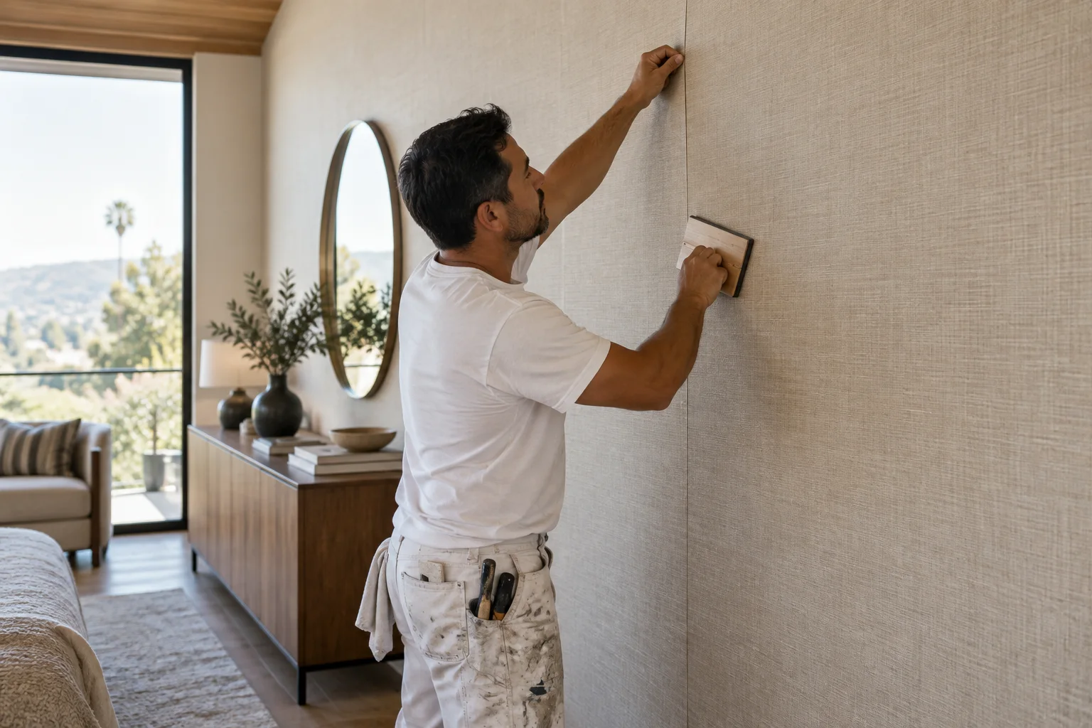 A painter smoothing a textured linen-look wallcovering on a bedroom wall beside a round mirror.