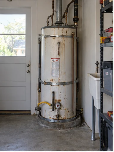 Before: an old rusted water heater in a garage corner.