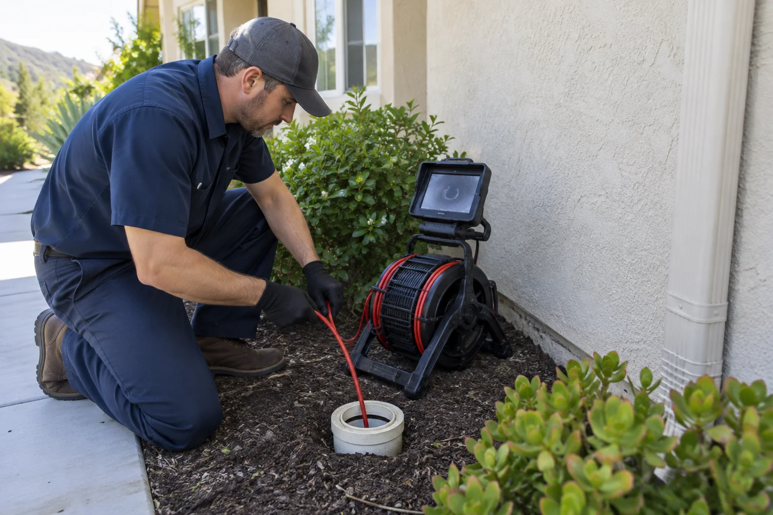 A plumber feeding a drain camera into an outdoor cleanout beside the house.